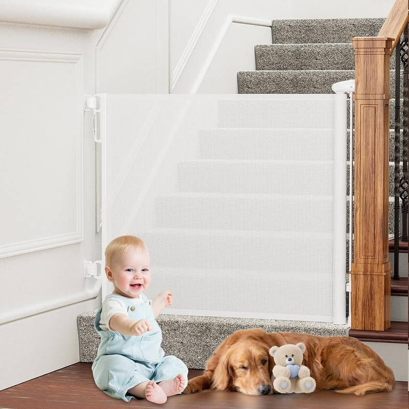 VALAJOGI Retractable Baby Gate for Stairs&Doorways,55" Wide x 33.6"Tall Easy Installation(White)