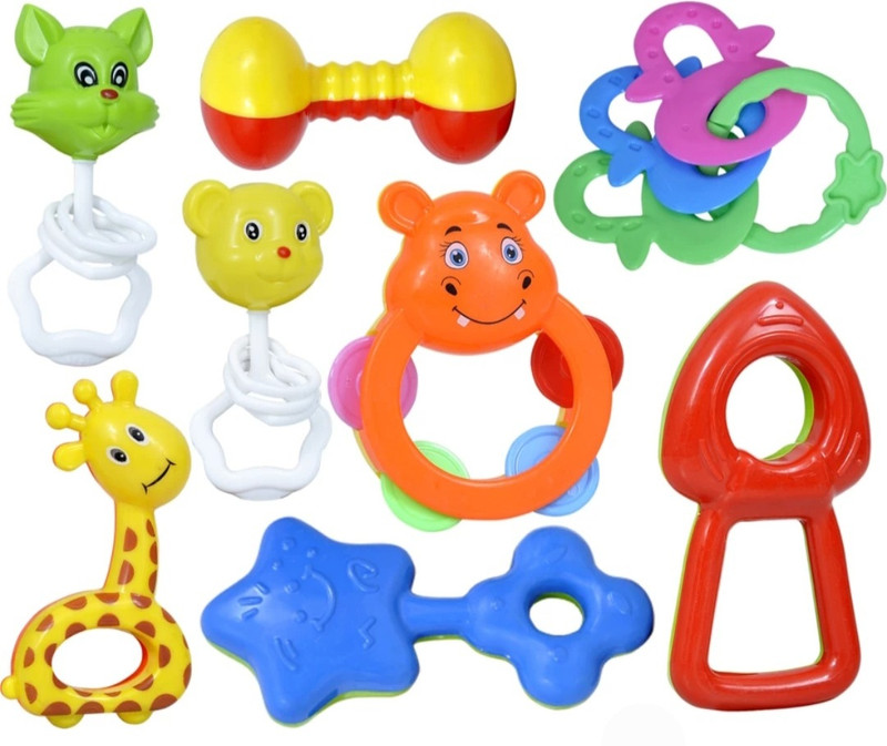 Mira Farmcraft Pack of 8 Rattles Set with Teathers for New Born Babies Toy Non-Toxic BPA Free Rattle(Multicolor)