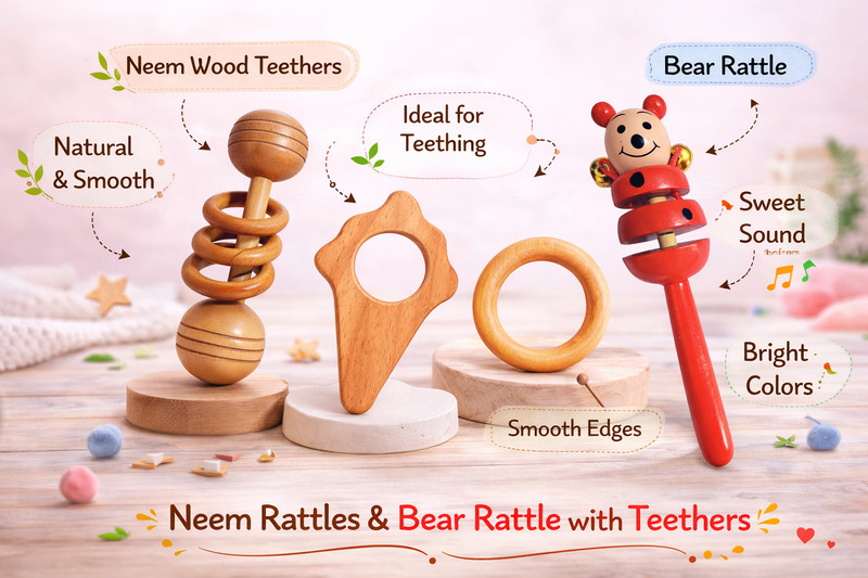 Pankhudi Craft Neem Wooden Baby Rattle Combo - Natural Wooden Toys for Newborn Baby - Pack of Rattle(Multicolor)