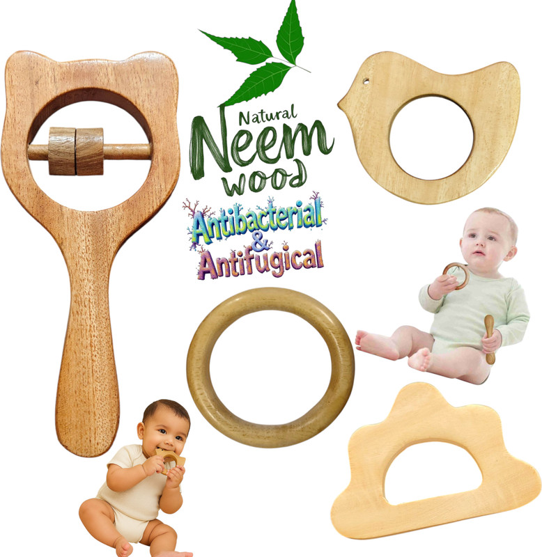 Shreeja Shilpcraft Neem Wood Baby Rattle with Bird, Ring, Cloud & Mickey Shape | Eco-Friendly Rattle(Brown)