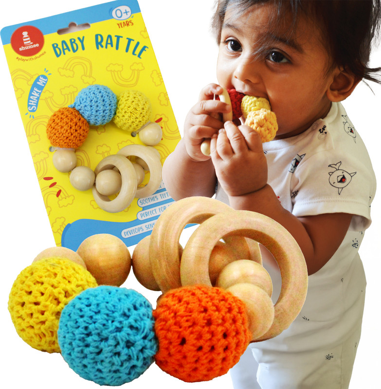 Shumee Handmade Wooden & Crochet Teether & Baby Rattle (0+ Months) Essential New Born Rattle(Multicolor)
