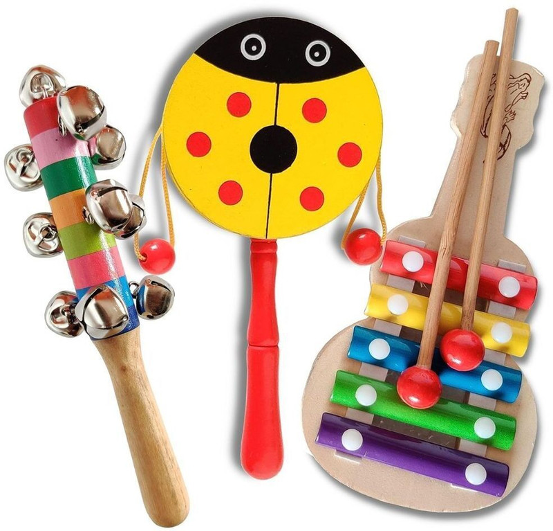 Little Mind Wooden Rattle 10 Bell, Plate Rattle & 5 Note Xylophone Rattle Set For Kids Rattle(Multicolor)