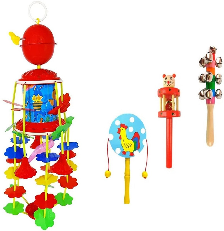 Little Mind Jhoomer Merry Go Round Hanging Toy for New Born Baby with Wooden 3 Pcs Combo Rattle(Multicolor)
