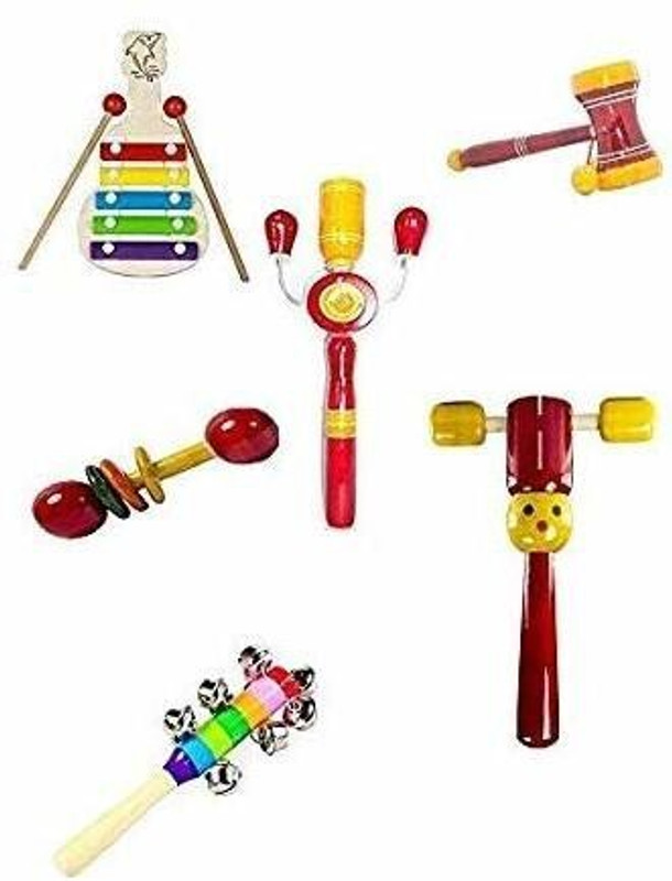 KAARPAAGAA INC wooden hand crafted rattle set for kids, babies, infants, non toxic finished instrument - pack of 6- Multi color Rattle(Multicolor)