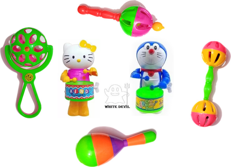 White Devil Newborn baby toys Rattles Set doremon & kitty with 4 rattles for kids Rattle(Multicolor)
