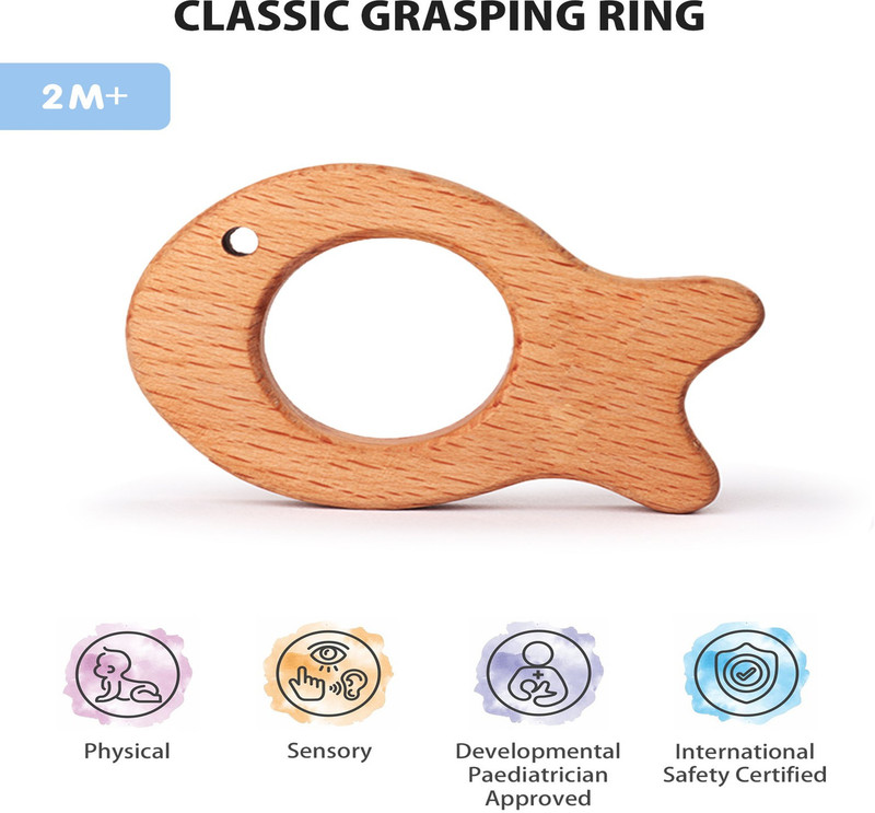 Intellibaby Premium Classic Grasping Ring | Montessori Rattle for Babies | Wooden Rattle(Brown)
