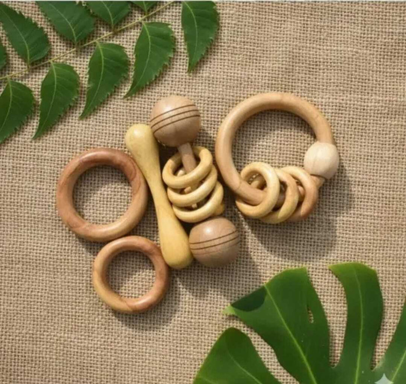 Shreeja Shilpcraft Handcrafted with Natural Neem Wood Rattles Set of 5npcs Rattle(Brown)