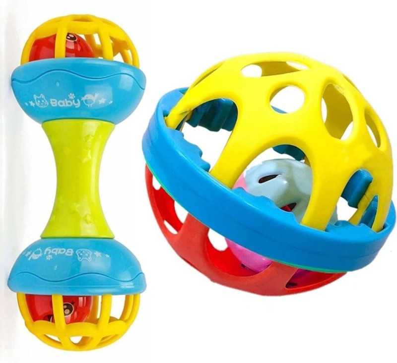 Veryke Colorful Soft Ball and Dumbbell Combo Rattle Toy for Baby Safe Non-Toxic Rattle(Green, Blue, Yellow)