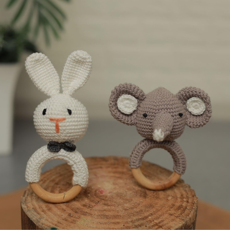 SYCAMOREEAST Elephant & Rabbit Hand Rattle Toy Set for Newborn Babies Rattle(White, Grey)