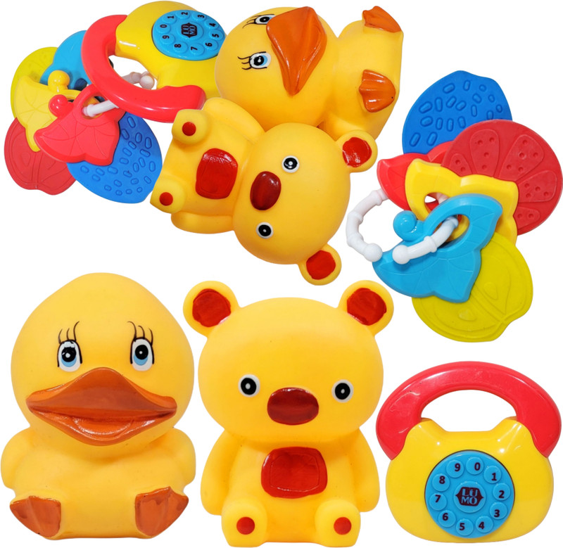 mini gifts Baby Rattle & Bath Toys Combo | Colorful 2 Rattle Set & 2 Rubber ChuChu Bath Toy Rattle(Multicolor)
