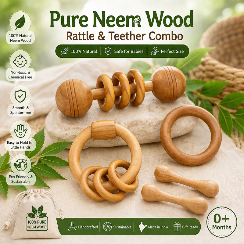 Shreeja Shilpcraft Natural Neem Wood Baby Teether & Rattle Combo Set Safe & Durable Infant Toys Rattle(Brown)