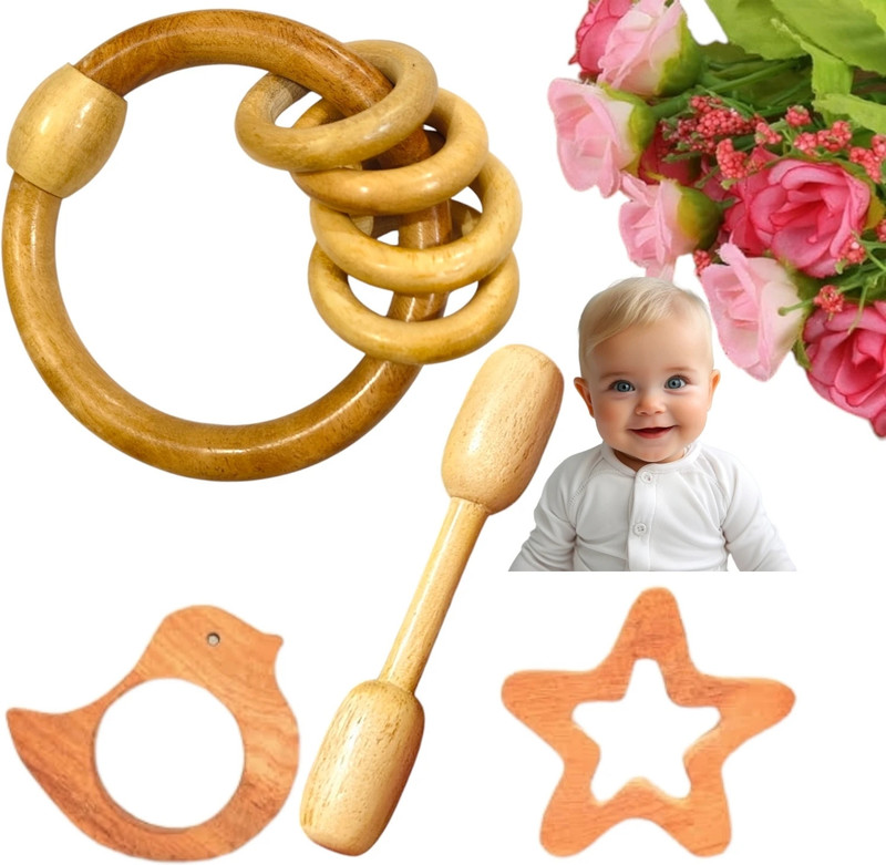 Shreeja Shilpcraft Natural Neem Wood Ring Inside Ring Rattle with 3 other teething toys shape Rattle(Brown)