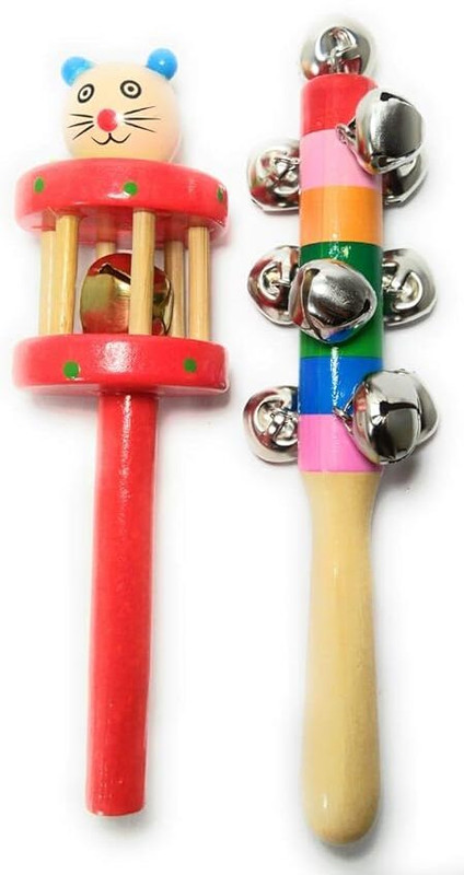 ShopiMoz Set Of 2 Pcs Wooden Jingle Hand Bells ,Wooden Bells Jingle Stick Rattle(Multicolor)