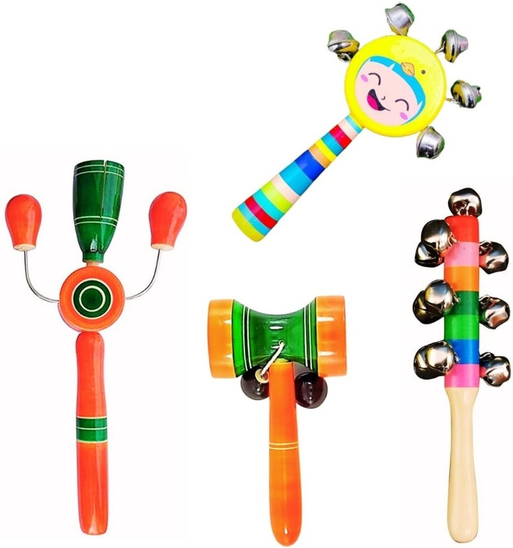 Rainbowstore Enchanting Elegance: Wooden Baby Rattles for Timeless Play (pack of 4) Rattle(Multicolor)