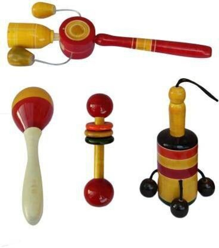 KAARPAAGAA INC Eco-friendly set of Five Wooden Non Toxic new born baby Rattles (Multicolor) Rattle(Multicolor)