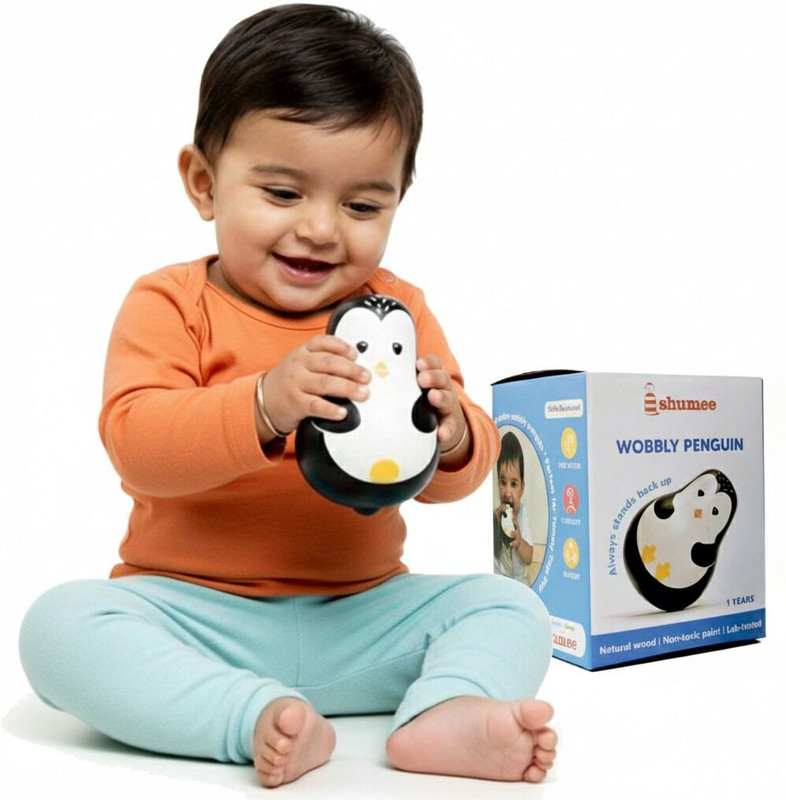 Shumee Wooden Roly Poly Penguin Doll | Push and Shake Wobbling Infant Toy (wood) Rattle(Black, White)
