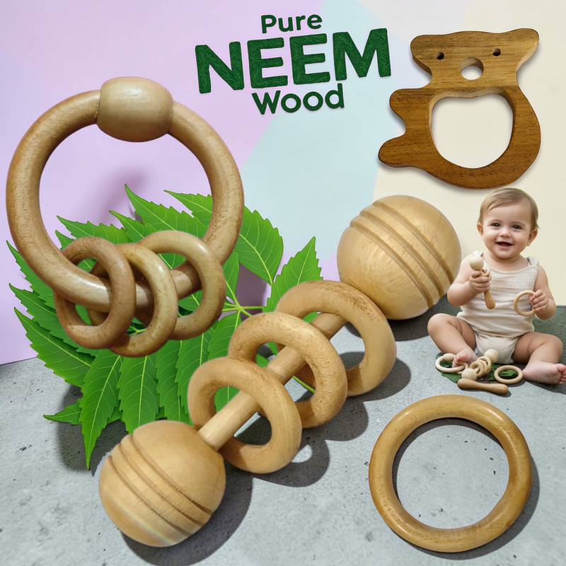 Shreeja Shilpcraft Natural Neem Wood Rattle and Teether Set – Soothing Toy for Teething Babies Rattle(Brown)