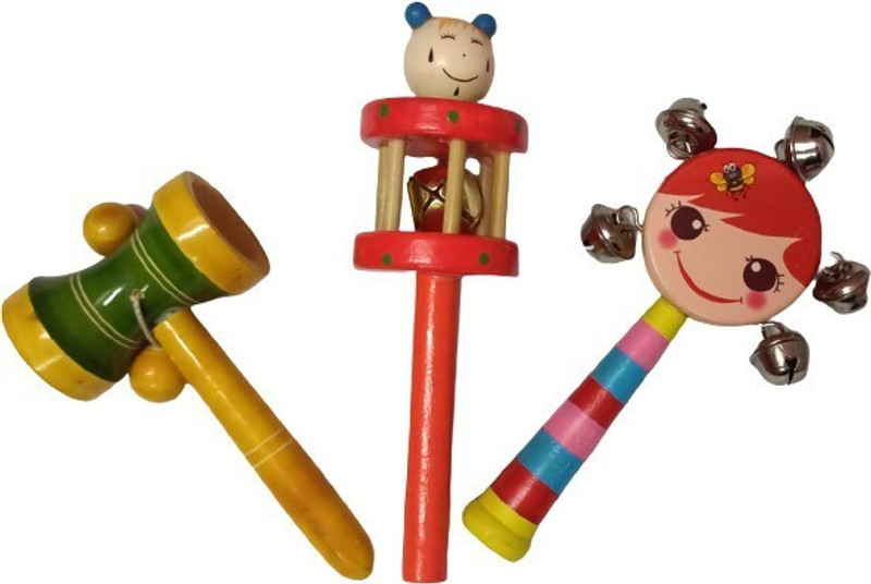 KAARPAAGAA INC wooden hand crafted rattle set for kids Pack of 3 (Multi Color) Rattle(Multicolor)