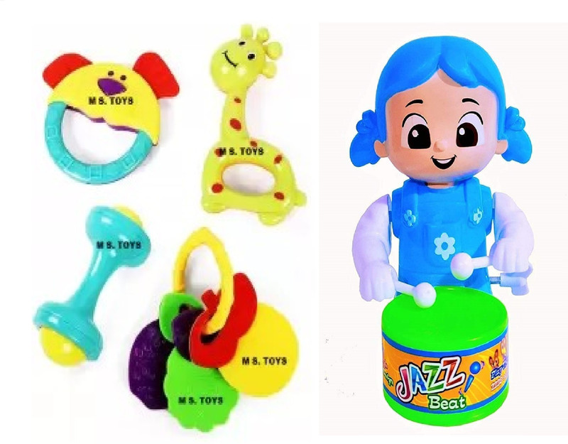 M S.Toys ELE Drummer and Little Babies, 4 Cute Toys 1 Set of 4 Rattle Pack 2 Combo Rattle(Multicolor)