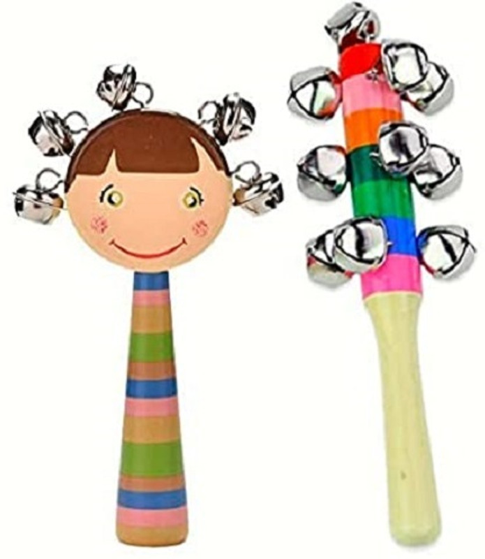 Smartcraft Baby Handle Jingle Bell Round Face Rattle Toys in a Colorful Wooden Rainbow Rattle(Multicolor)