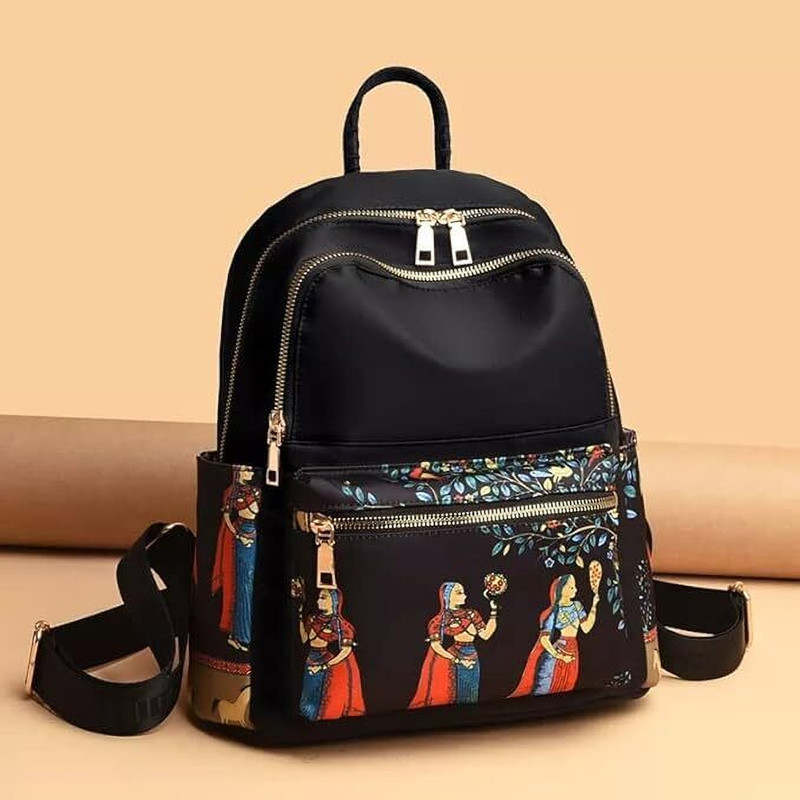 ACOME Stylish Women Backpack Rajasthani Art Print, Multi Utility Pockets 15 L Backpack(Black)