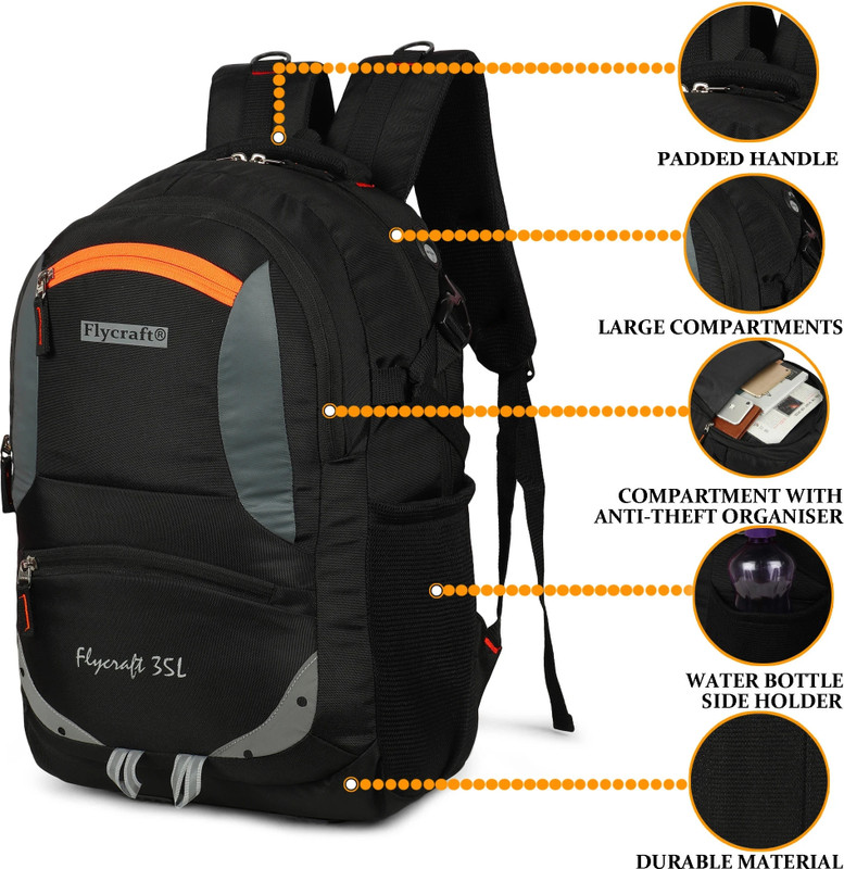 Flycraft simna.1381/2 black orange spacy unisex laptop backpack and travel bag office bag with reflective strip style. Waterproof Backpack(Black, Orange, 30 L)