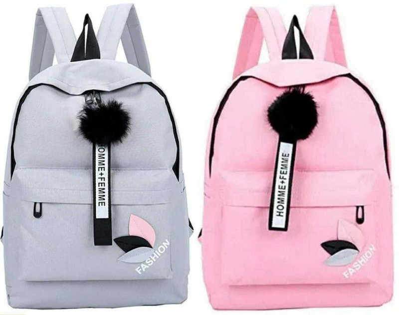 Flamebird Medium25 L Combo Backpack PU Leather College Backpack For Women (Pink,Gray) Backpack(Pink, 25 L)