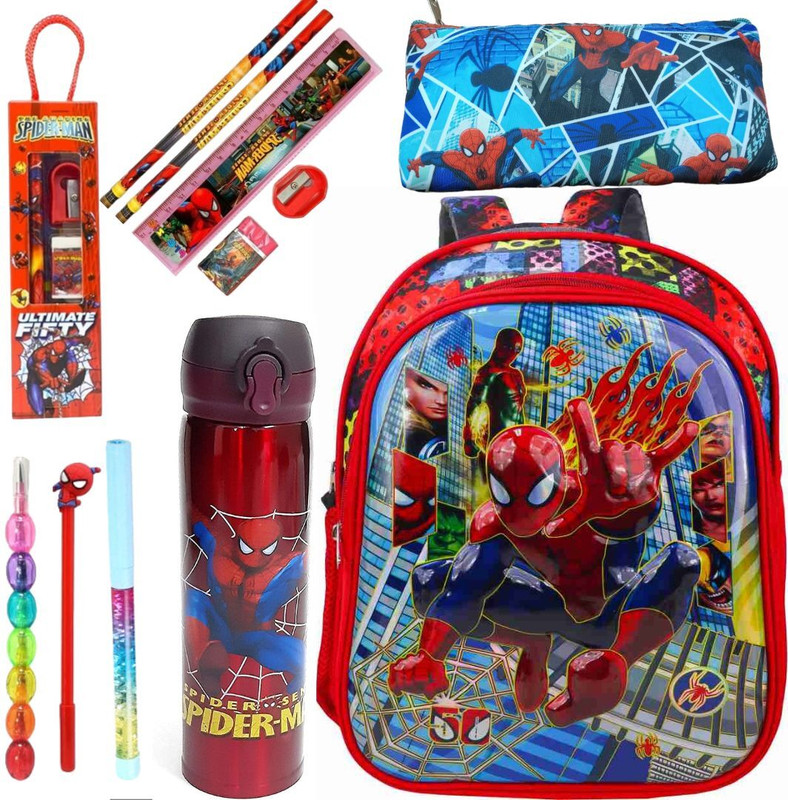 Prezzie Villa 11pcs Spiderman Bag Combo of Pouch, Pencil, Pen, Eraser, Ruler Sharpener, Bottle Waterproof Backpack(Multicolor, 13 inch)