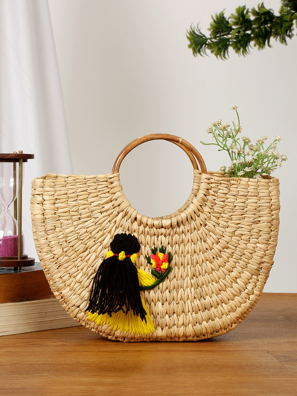 Shilpkara Boho Chic Beauty Handwoven Organic Eco-friendly Embroided Kouna Grass Messenger Bag(Multicolor, 11 inch)