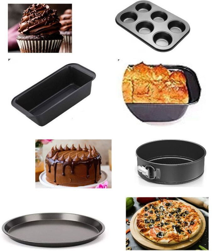 SugarNest Non-Stick Carbon Steel Round Cake Tin, Muffin Tray, Pizza Pan & Bread Mould Baking Comb(Carbon Steel Pack of 4)