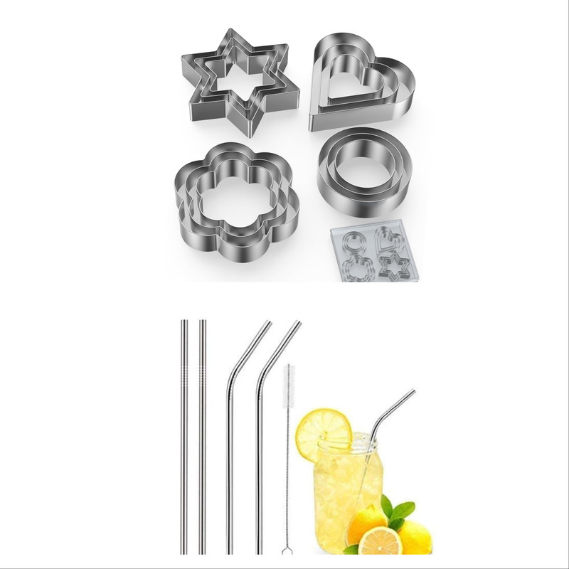 MAZOME 4 Shape Baking Cookie Cutter Reusable Metal Straws with Cleaning Brush Cookie Cutter(Pack of 12)