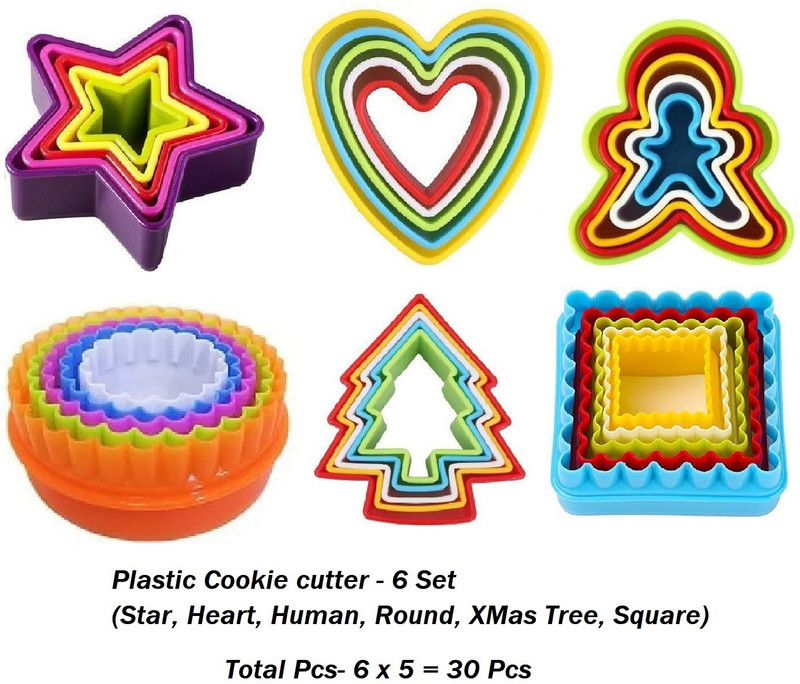 Bakers cutlery Plastic Cookie Cutter Combo of 6 (Star, Round, Heart, XMas Tree, Human, Heart) Cookie Cutter(Pack of 30)