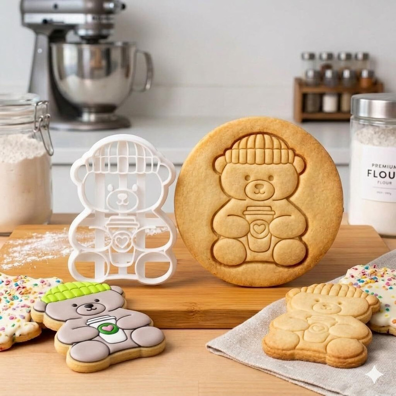 EROTNGO Cozy Coffee Bear Teddy Cookie Cutter with Stamp Option Premium Food Material Cookie Cutter