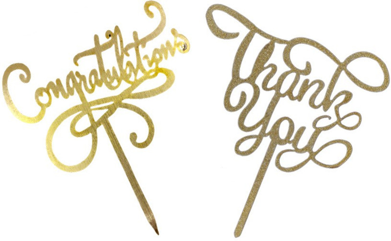 KONFIZ MDF Greeting Topper Set MDF Golden (2 Pcs Pack Thank You & Congratulations) Cake Topper(Gold Pack of 2)