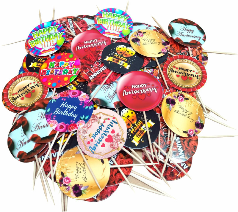 RDHinc Cake Toppers 100 Pcs - Happy Birthday (50 Pcs) + Anniversary (50 Pcs) Cupcake Topper(Multicolor Pack of 100)