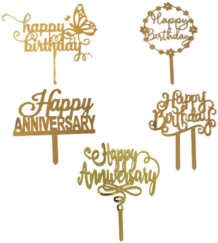Yorkker Acrylic Happy Birthday & Happy Annivesary Cake Topper(Golden Pack of 5)