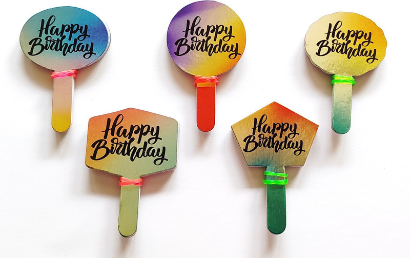 Taitil Happy Birthday Cake Topper(Multicolour Print on Metallic Silver Card Pack of 50)
