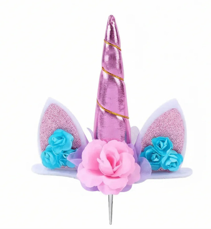 HOMEBAKERS MART Unicorn Horn Cake Topper with Ears & Flowers Cake Topper(Golden Pack of 1)