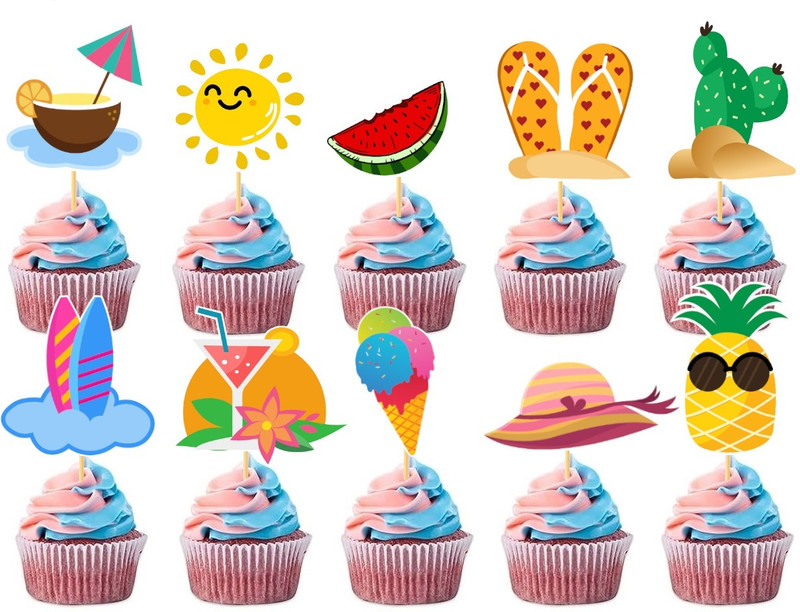 RG Accessories Summer Theme Cup Cake Topper Cupcake Topper(Red, Blue, Green, Yellow Pack of 10)