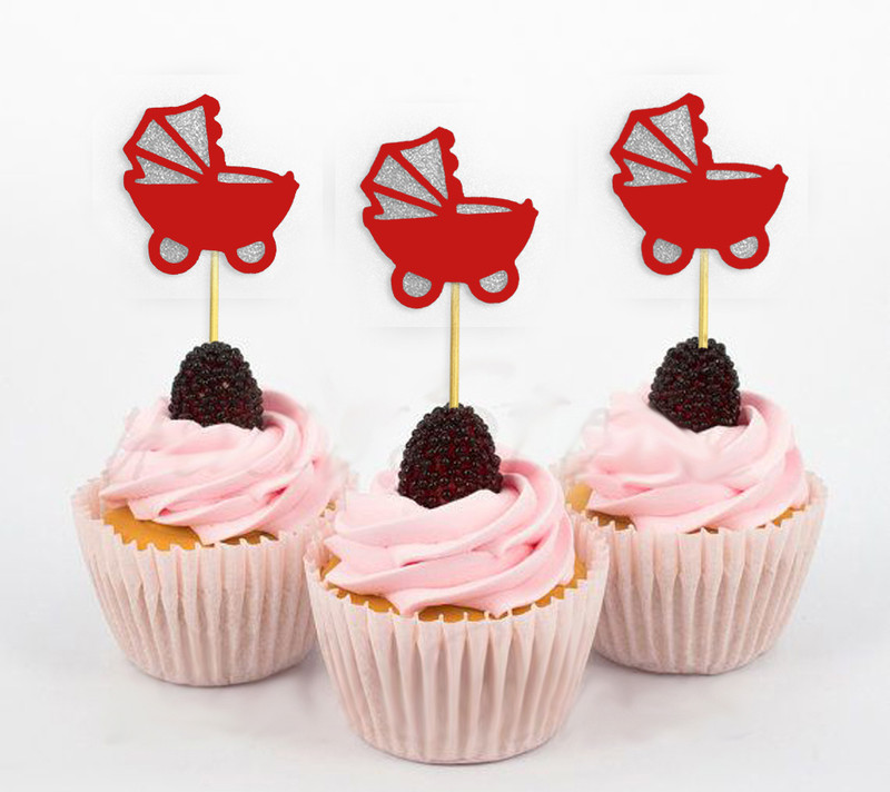 Darling Souvenir Baby Pram Baby Shower Cupcake Toppers, Dessert Decorations Pcs 20 Cupcake Topper(Violet & Glitter Silver Pack of 20)