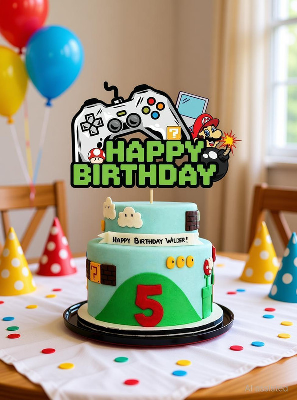 ZYOZI Video Game Cake Topper Gamer Themed Happy Birthday Cake Decorations, Video Game Party Supplies for Kids Boy Girls Adults Birthday, Perfect Cake Decor for Video Game Fans Cake Topper(green, black Pack of 1)