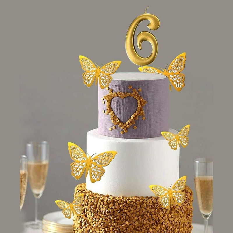 PopTheParty 6th Candle Birthday & Anniversary Cake Topper With 12Pcs Gold Butterfly Décor Cake Topper(Gold Pack of 13)