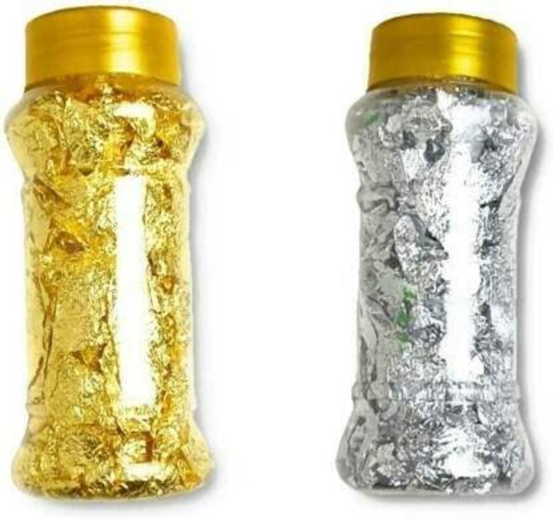 JAMBOREE Combo of Silver Flakes and Gold Flakes for cake Decoration Baking Sprinkles(Gold, Silver Pack of 2)