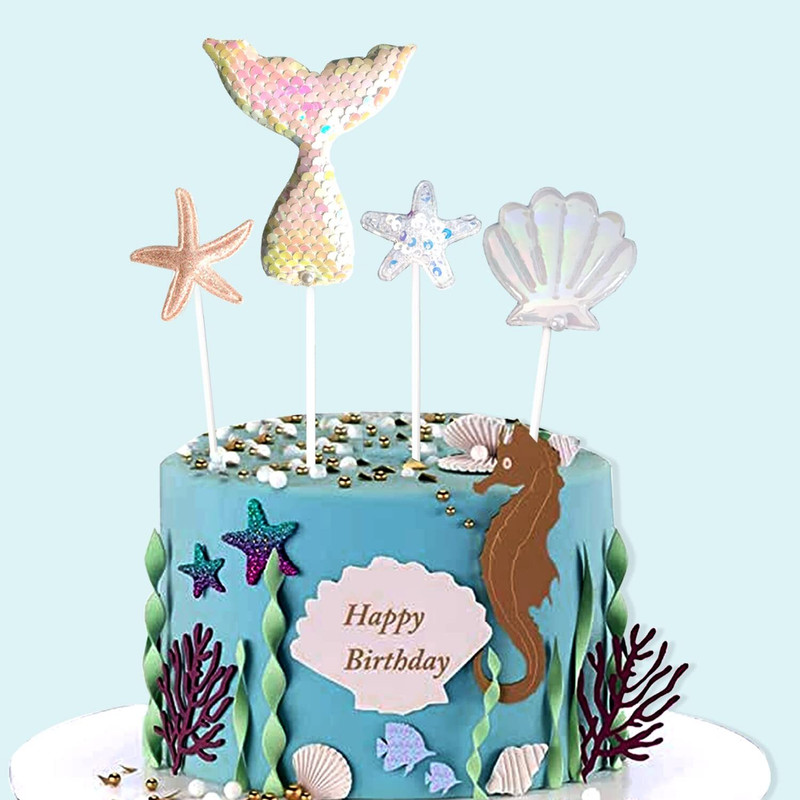 AMFIN Cake Topper(Mermaid Cake Topper Decoration Theme, White - Pack of 4)