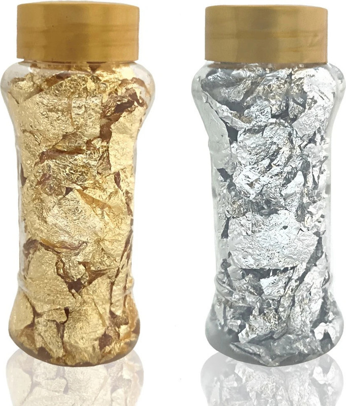 Bakedude 1 Golden foil Flake and 1 Silver foil Flake for Decorating Cake Borders Baking Glitters(Silver golden Pack of 2)