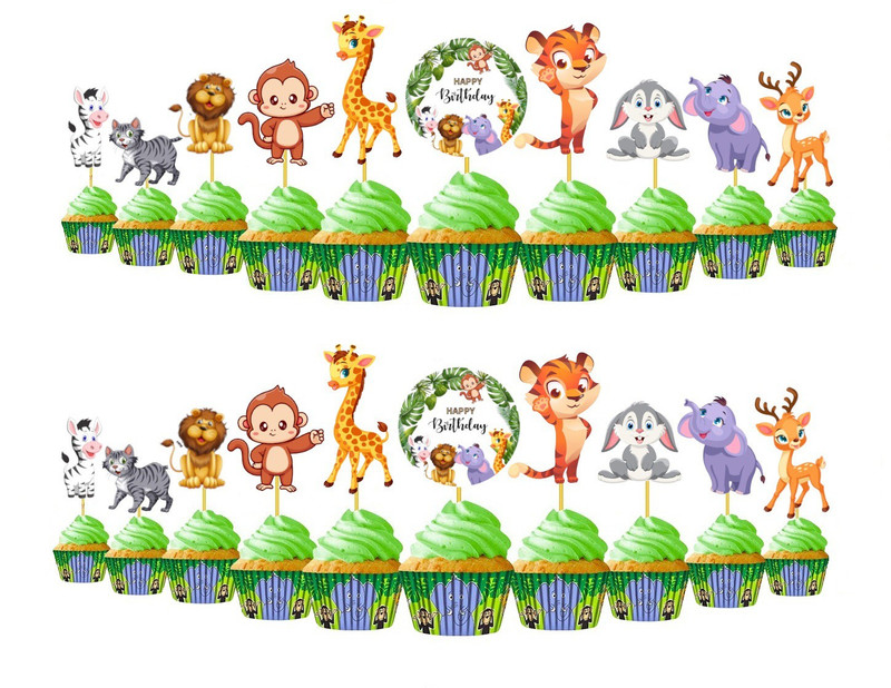 RG Accessories Jungle Theme Cake Topper Cake Topper(Green, Purple, Brown, Yellow Pack of 20)