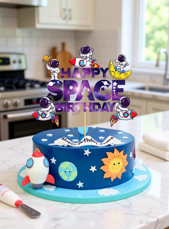 ZYOZI Space Birthday Cake Topper Space Birthday Cake Decoration Space Cupcake Decoration Rocket Cake Decoration Astronaut Cake Decoration Cake Topper(BLUE Pack of 1)