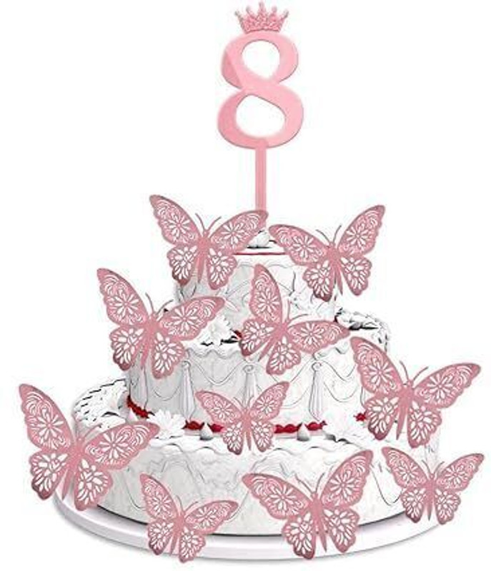 PopTheParty 8th Birthday Cake Rose Gold Supplies Big Set with 12 Butterfly Cake Decoration Cake Topper(RoseGold Pack of 13)