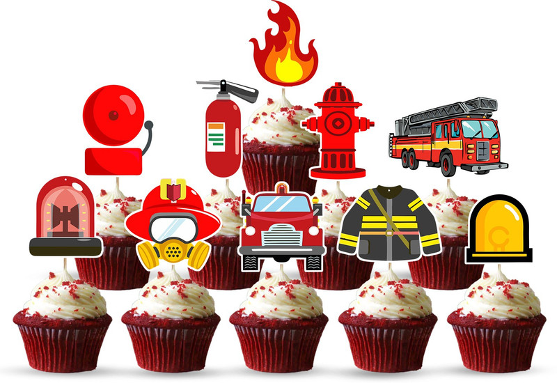 ZYOZI Fire Truck Happy Birthday Fireman 10 Pcs Cake Topper for Kids Firefighter Theme Cupcake Topper(0417 Pack of 1)