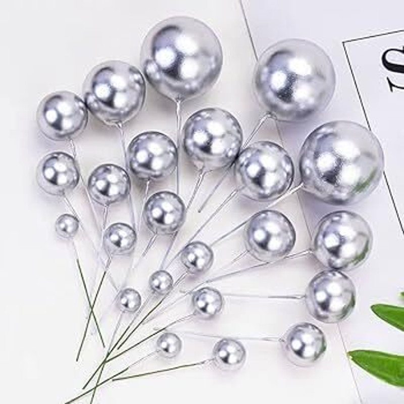 shizal Silver Faux Balls Cake Topper(Silver Pack of 20)